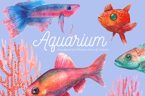 Aquarium Illustration Set: Hand-Painted Watercolor and Line Art for Creative Projects