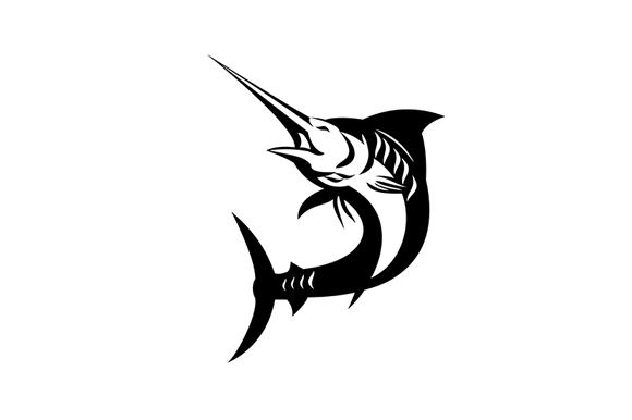 Timeless Craft: The Blue Marlin Jumping Shield in Retro Black and White Illustration